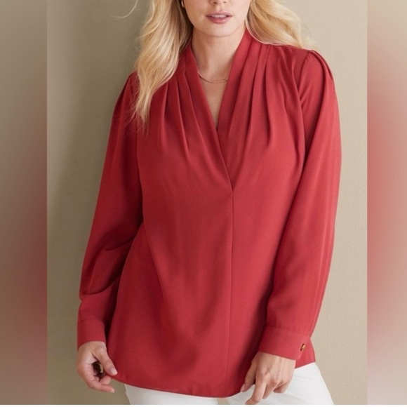 Soft Surroundings Tops - Soft Surroundings Akira V-Neck Pleated Blouse | Cardinal Red | Petite Small